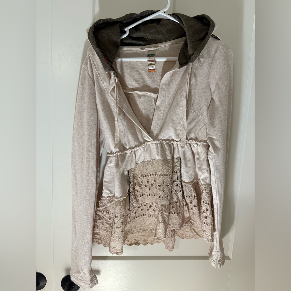 Free People Vintage Beige Hooded Eyelet Trim Empires Waist Babydoll Top